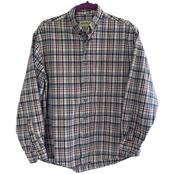 EDDIE BAUER • Navy Red Cream Plaid Long Sleeve Button Down Shirt - Picture 1 of 4